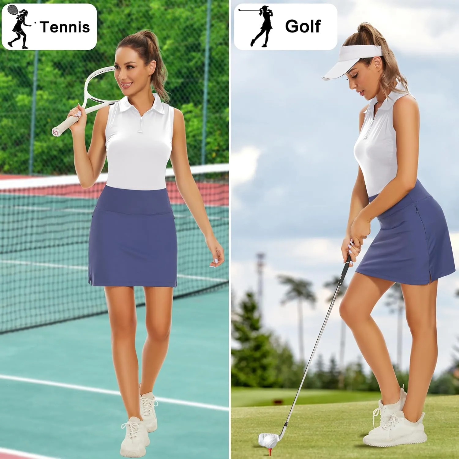 16" Golf Skorts Skirts for Women High Waisted Stretch Athletic Tennis Travel Casual Running with Zipper Pockets UPF50 