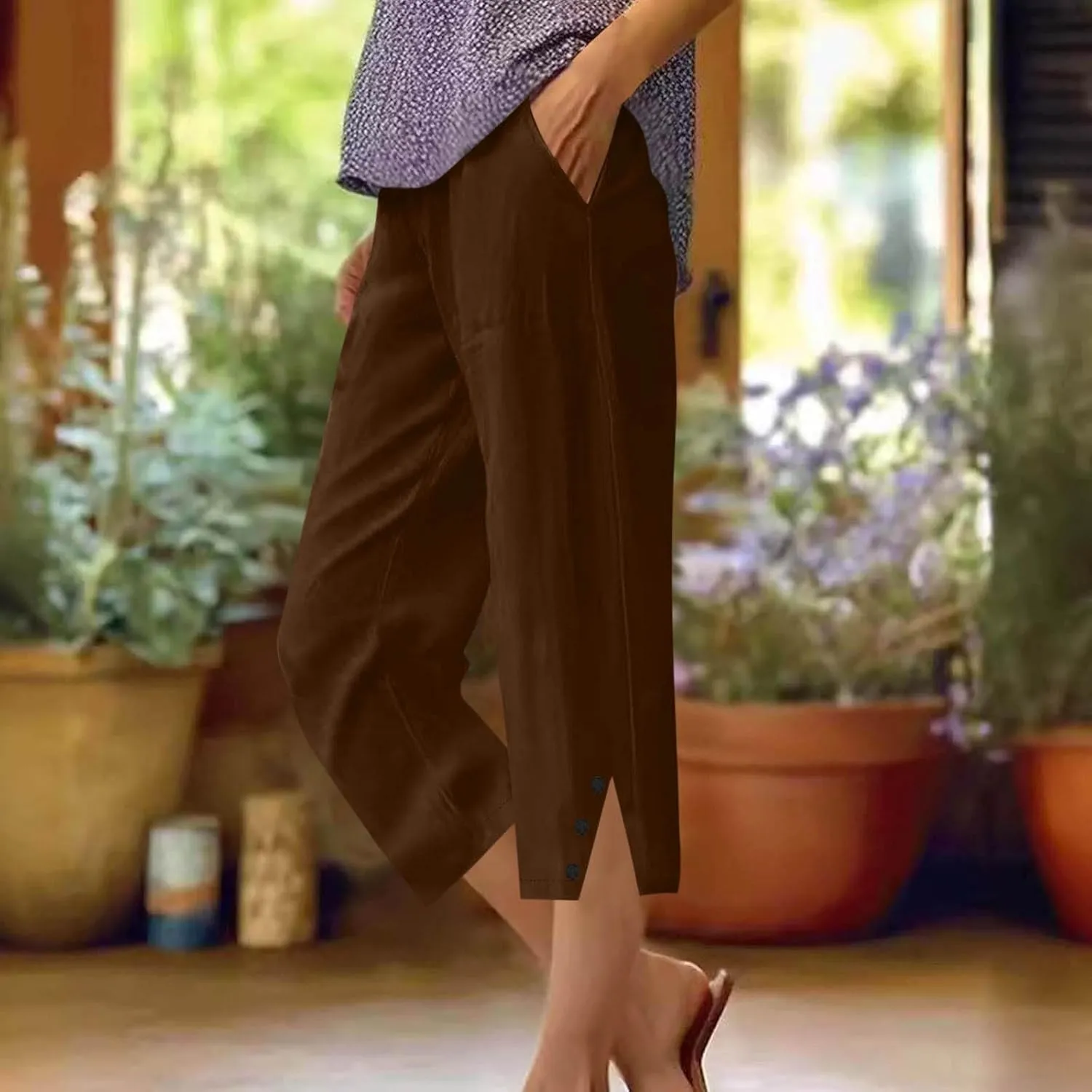 2025 Capri Pants for Women Casual Summer Drawstring Elastic High Waist Linen Pant Straight Leg Cropped Trouser
