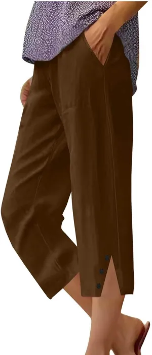 2025 Capri Pants for Women Casual Summer Drawstring Elastic High Waist Linen Pant Straight Leg Cropped Trouser