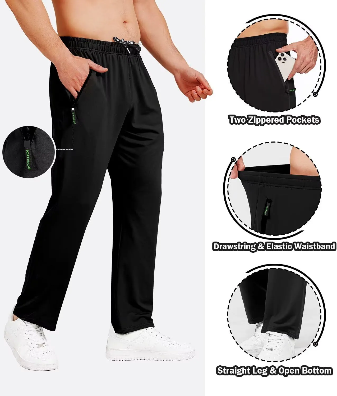 3 Pack Men's Athletic Pants with Zip Pockets, Lightweight, Quick Dry, Workout Sweat Pants