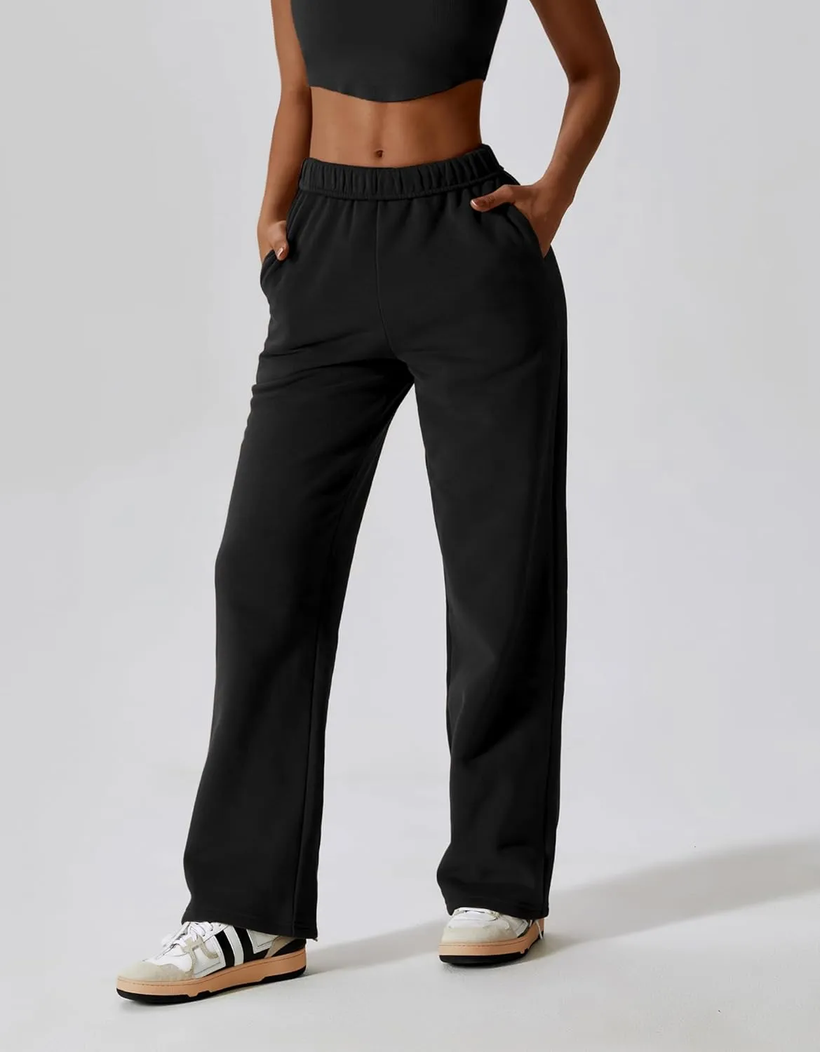 ABOCIW Women's Fleece Lined Wide Leg Sweatpants Elastic High Waisted Baggy Athletic Joggers Pants with Pockets