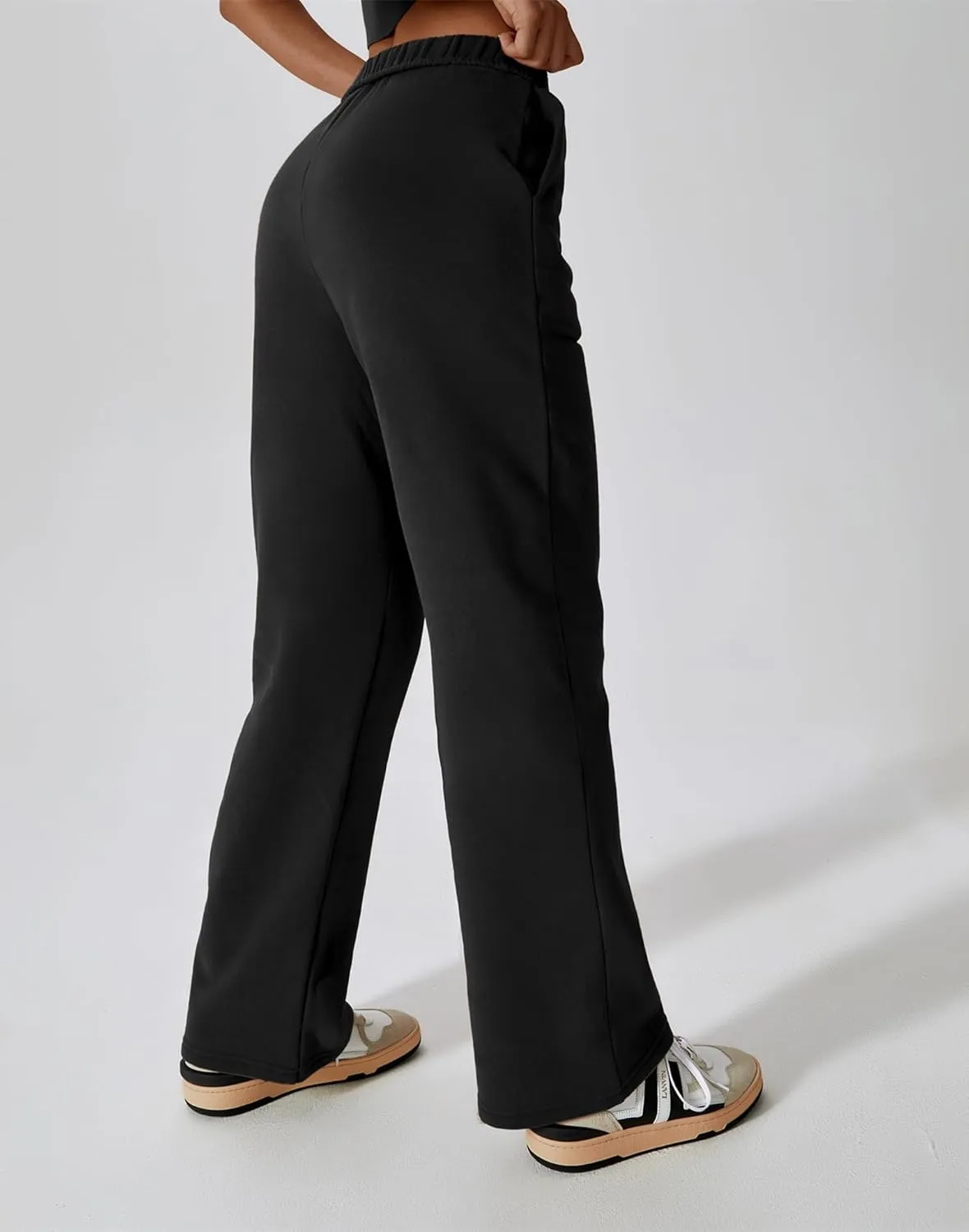 ABOCIW Women's Fleece Lined Wide Leg Sweatpants Elastic High Waisted Baggy Athletic Joggers Pants with Pockets