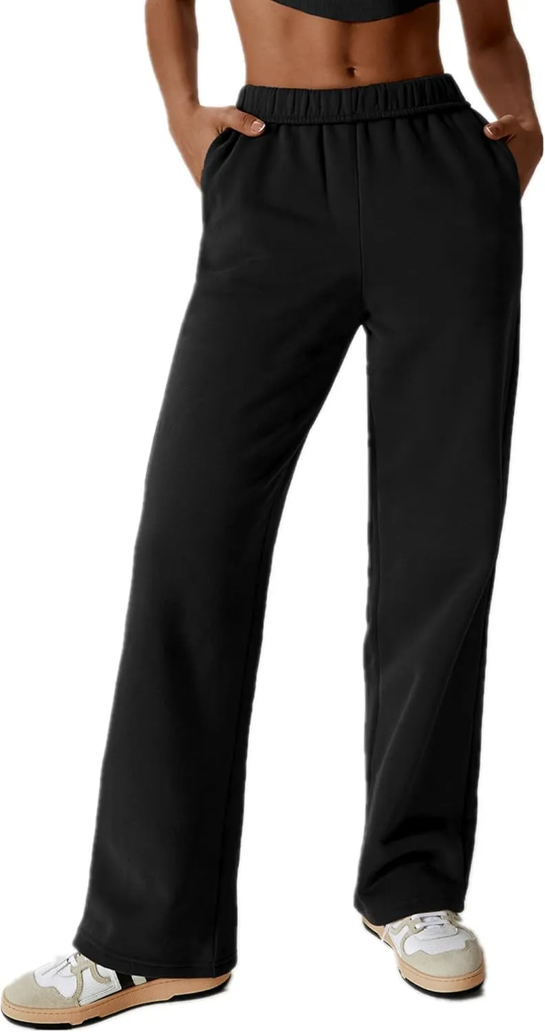 ABOCIW Women's Fleece Lined Wide Leg Sweatpants Elastic High Waisted Baggy Athletic Joggers Pants with Pockets