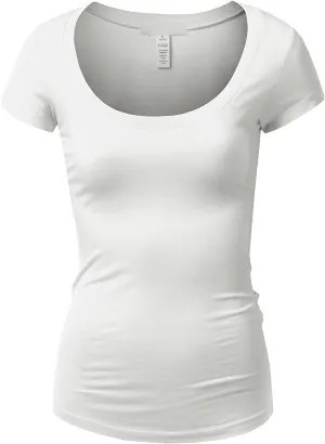 Active Basic Womens Plain Basic Deep Scoop Neck with Cap Short Sleeves