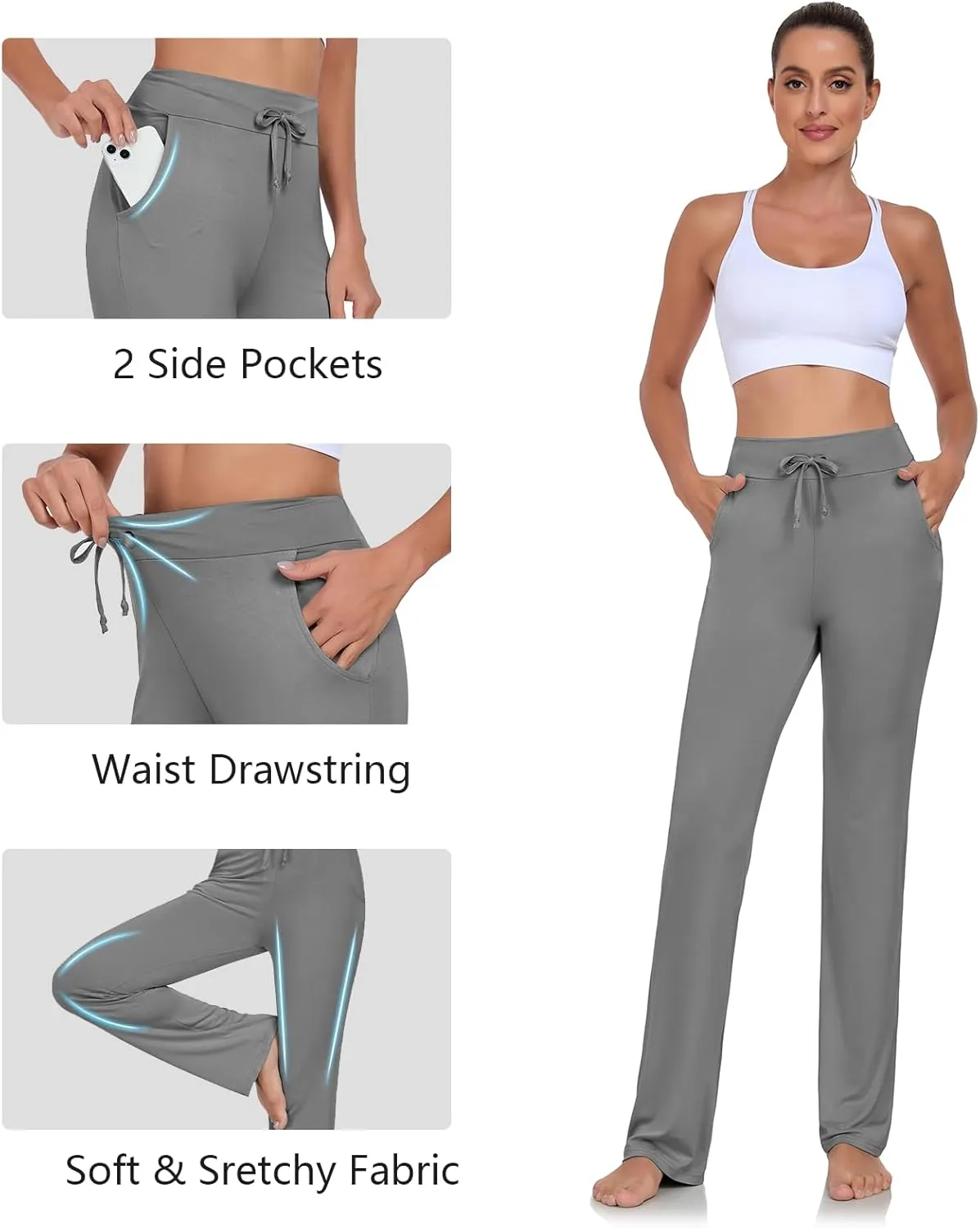 ADANIKI Womens Yoga Pants with Pockets Straight-Leg Loose Comfy Modal Drawstring Lounge Running Long Active Casual Sweatpants