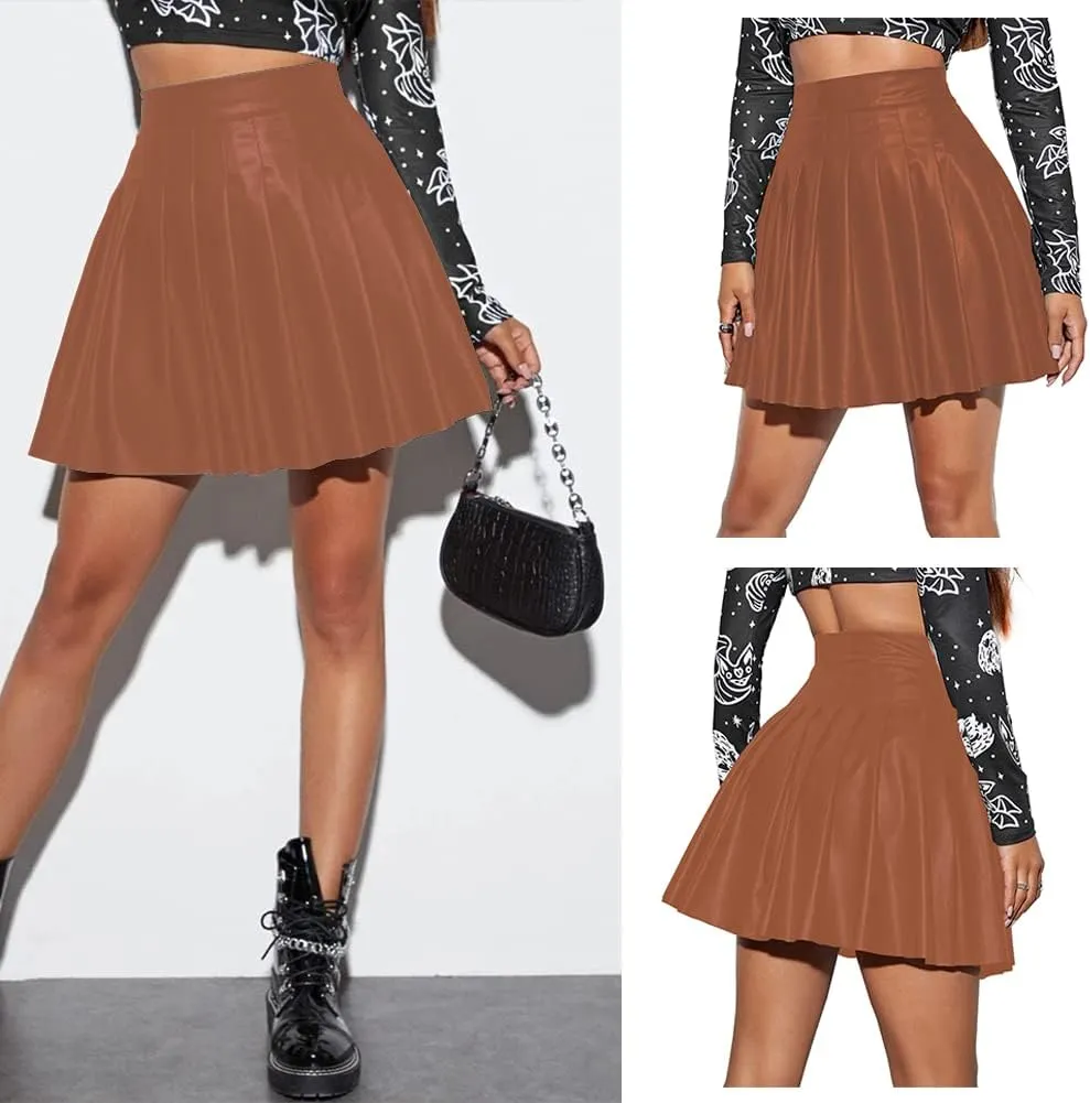AFAVOM Womens Faux Leather Pleated Mini Skirt Casual Elegant Skirt Vintage Night Club PU Skirt Festival A-Line Short Skirt