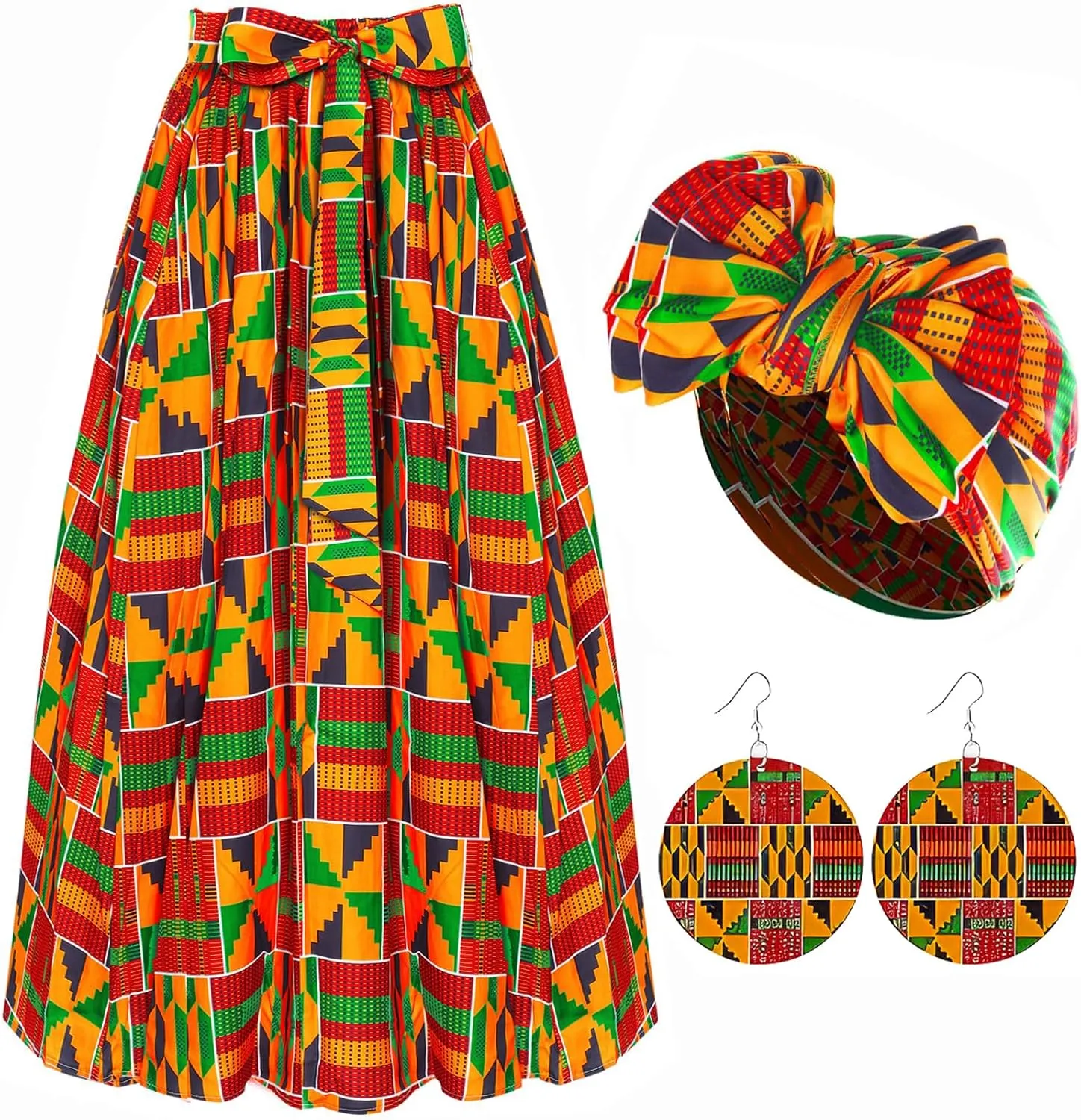African Skirts for Women 3 Pcs Maxi Casual Dashiki Traditional Skirt High Waist Ankara Costume Boho Stretch Wrap Scarf