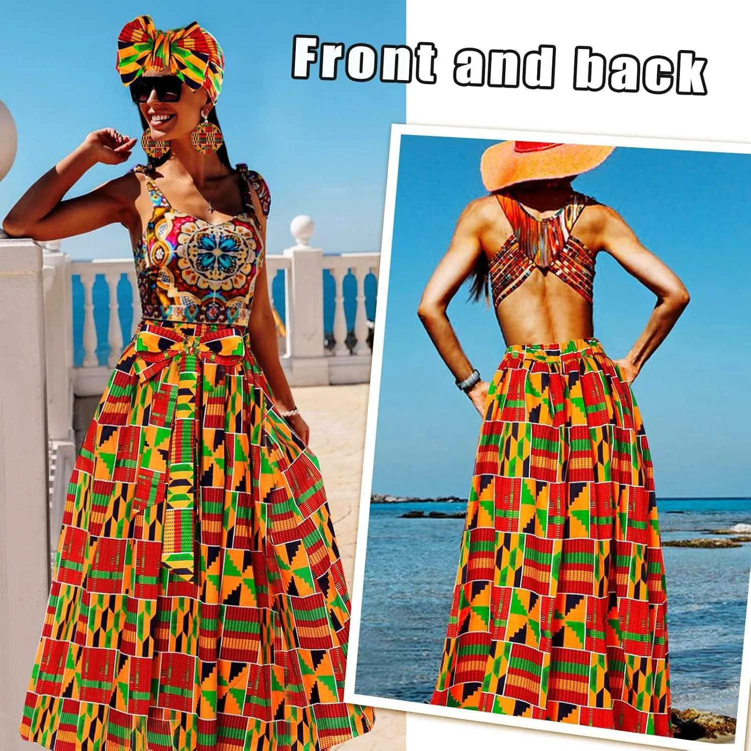 African Skirts for Women 3 Pcs Maxi Casual Dashiki Traditional Skirt High Waist Ankara Costume Boho Stretch Wrap Scarf