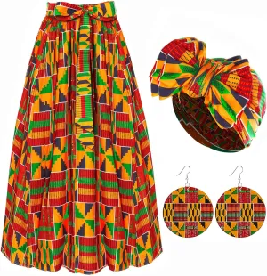 African Skirts for Women 3 Pcs Maxi Casual Dashiki Traditional Skirt High Waist Ankara Costume Boho Stretch Wrap Scarf