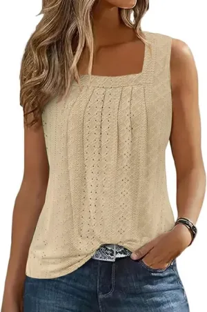 AIMITAG Color Block Ruffled Square Collar Tank Top Women Striped Tank Tee Summer Casual Loose Fit Sleeveless Shirt