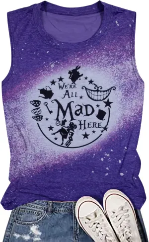 Alice in Wonderland Tank Tops for Women Summer Vacation Shirts We're All Mad Here Graphic Print Sleeveless Tees