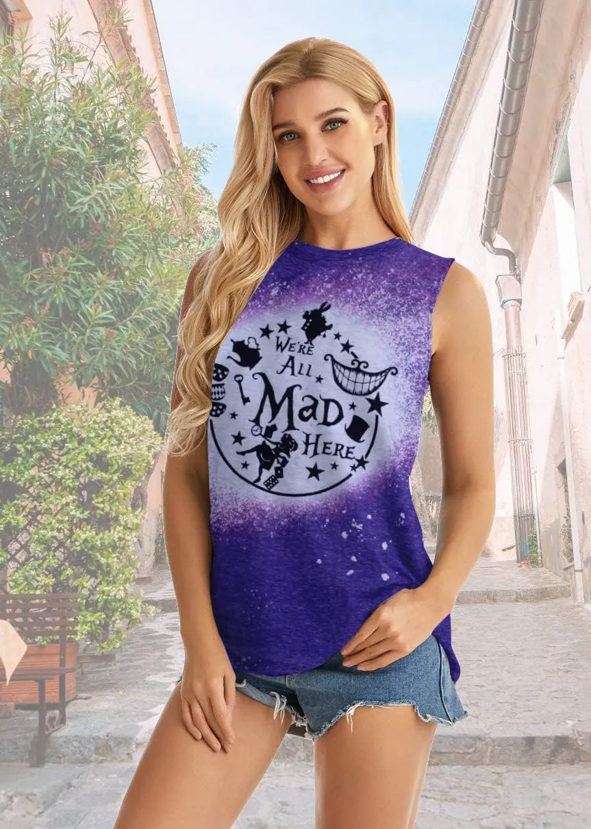 Alice in Wonderland Tank Tops for Women Summer Vacation Shirts We're All Mad Here Graphic Print Sleeveless Tees