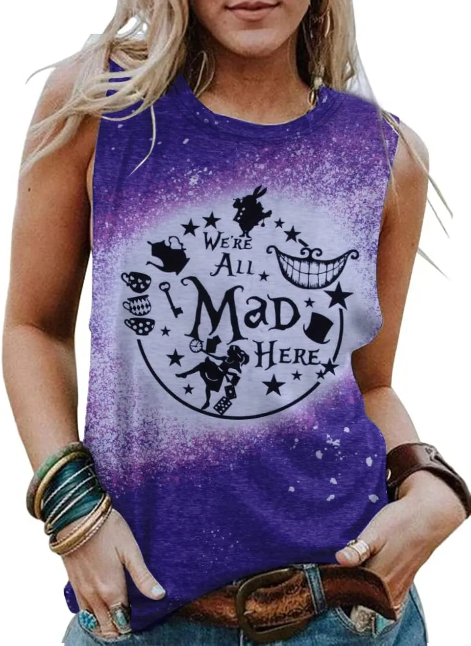 Alice in Wonderland Tank Tops for Women Summer Vacation Shirts We're All Mad Here Graphic Print Sleeveless Tees