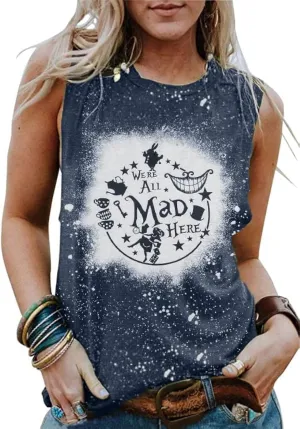Alice in Wonderland Tank Tops for Women Summer Vacation Shirts We're All Mad Here Graphic Print Sleeveless Tees