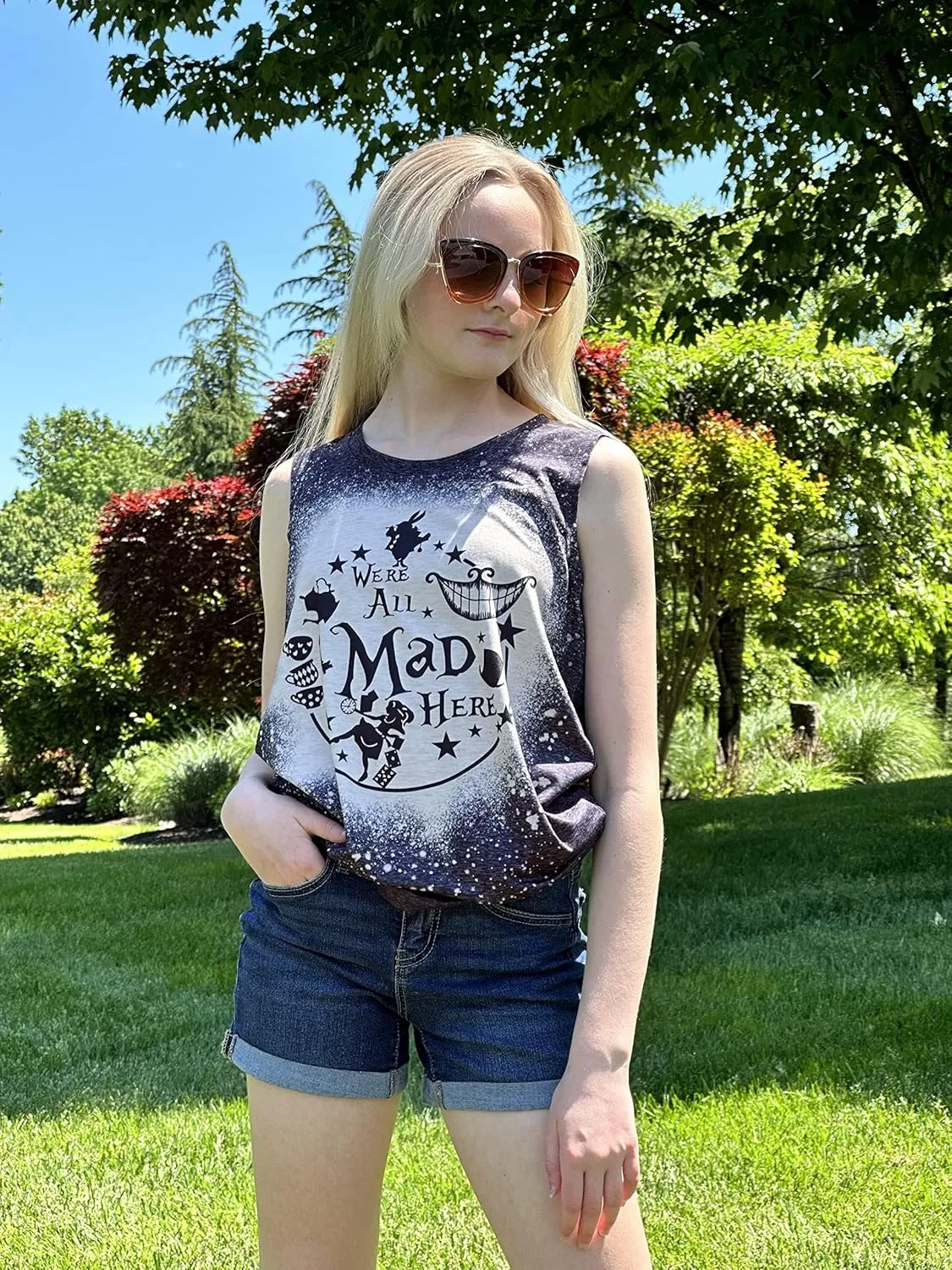 Alice in Wonderland Tank Tops for Women Summer Vacation Shirts We're All Mad Here Graphic Print Sleeveless Tees