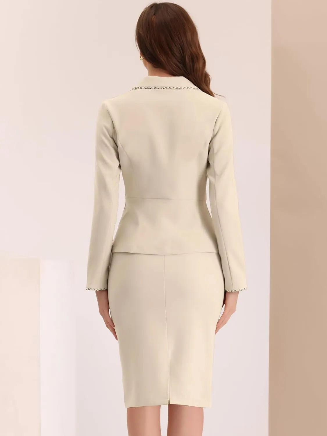 Allegra K Women's 2 Pieces Skirt Sets Business Casual Outfits Tweed Trim Blazer Jacket and Pencil Skirt Suit Set