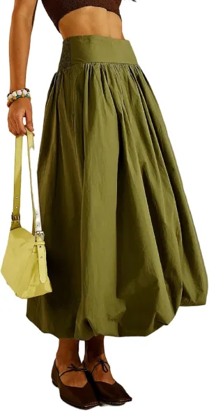 Aonoapll Y2k Women Bubble Maxi Skirt Casual Elastic Low Waist Flowy A Line Long Skirt Summer Ruffle Balloon Skirt