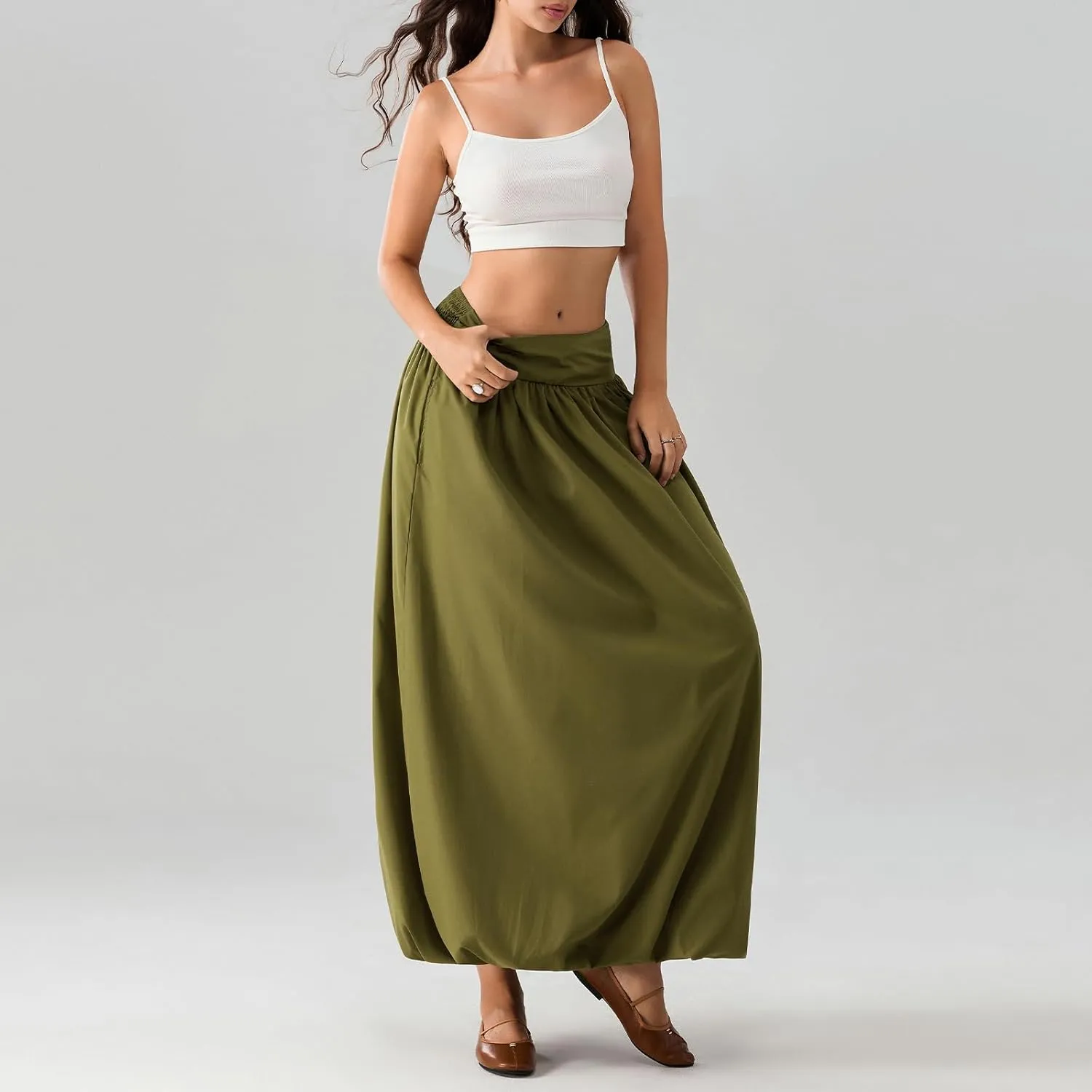 Aonoapll Y2k Women Bubble Maxi Skirt Casual Elastic Low Waist Flowy A Line Long Skirt Summer Ruffle Balloon Skirt