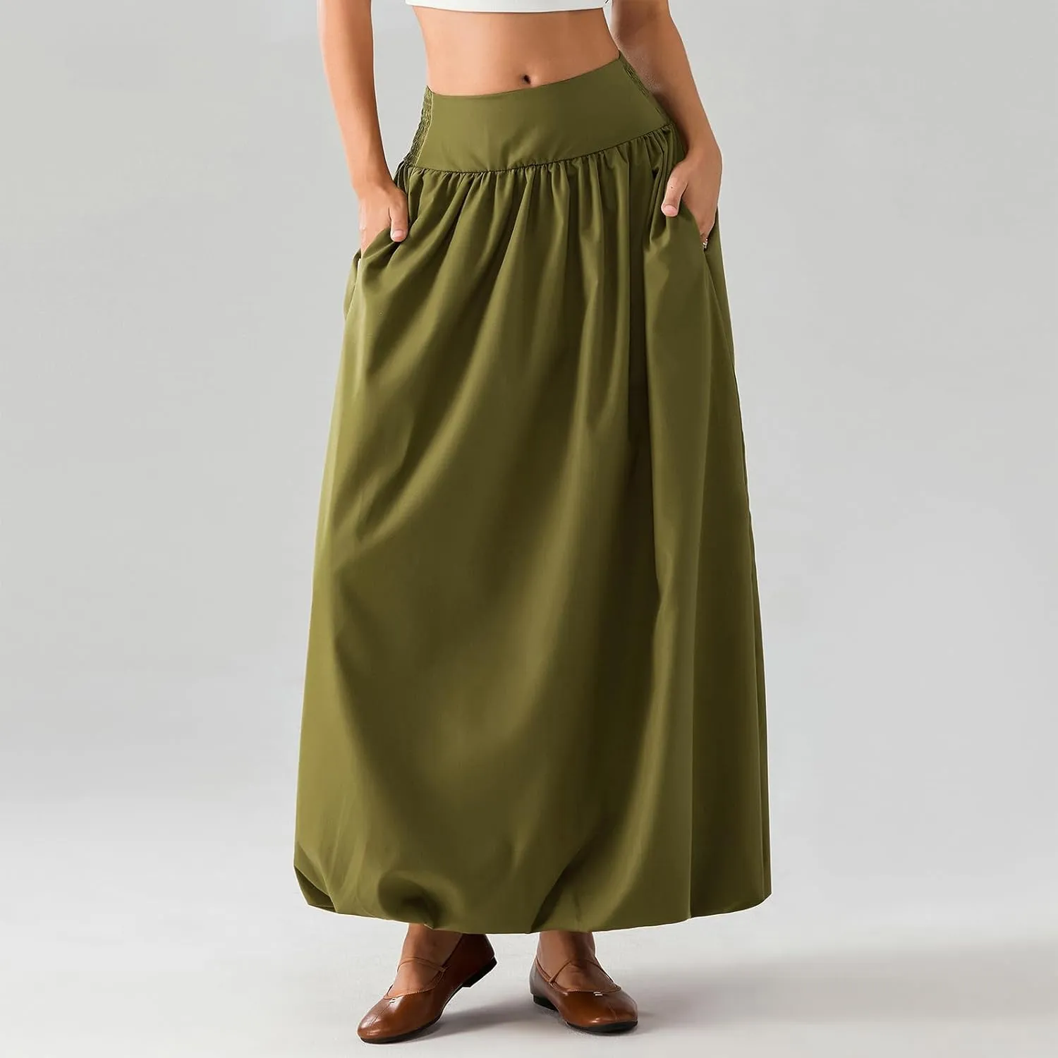 Aonoapll Y2k Women Bubble Maxi Skirt Casual Elastic Low Waist Flowy A Line Long Skirt Summer Ruffle Balloon Skirt