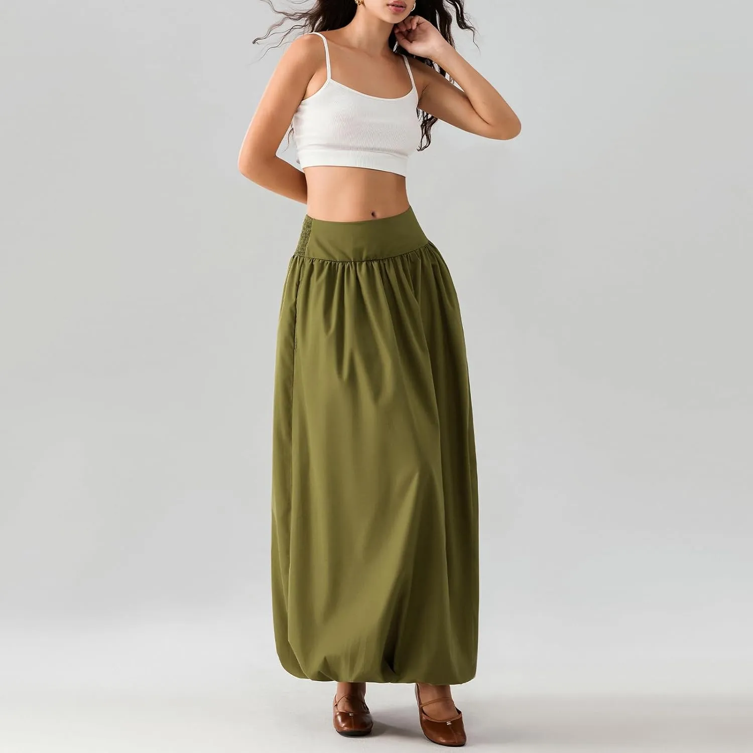 Aonoapll Y2k Women Bubble Maxi Skirt Casual Elastic Low Waist Flowy A Line Long Skirt Summer Ruffle Balloon Skirt