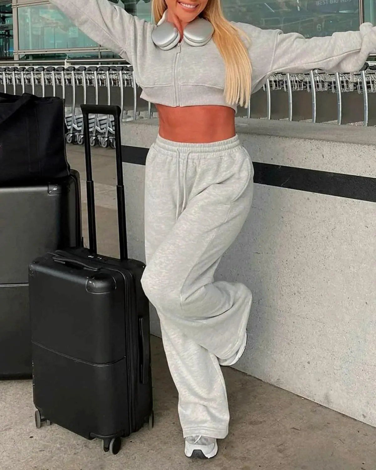 AROGONE Women's Casual Drawstring High Waisted Sweatpants Wide Straight Leg Lounge Pants with Pockets