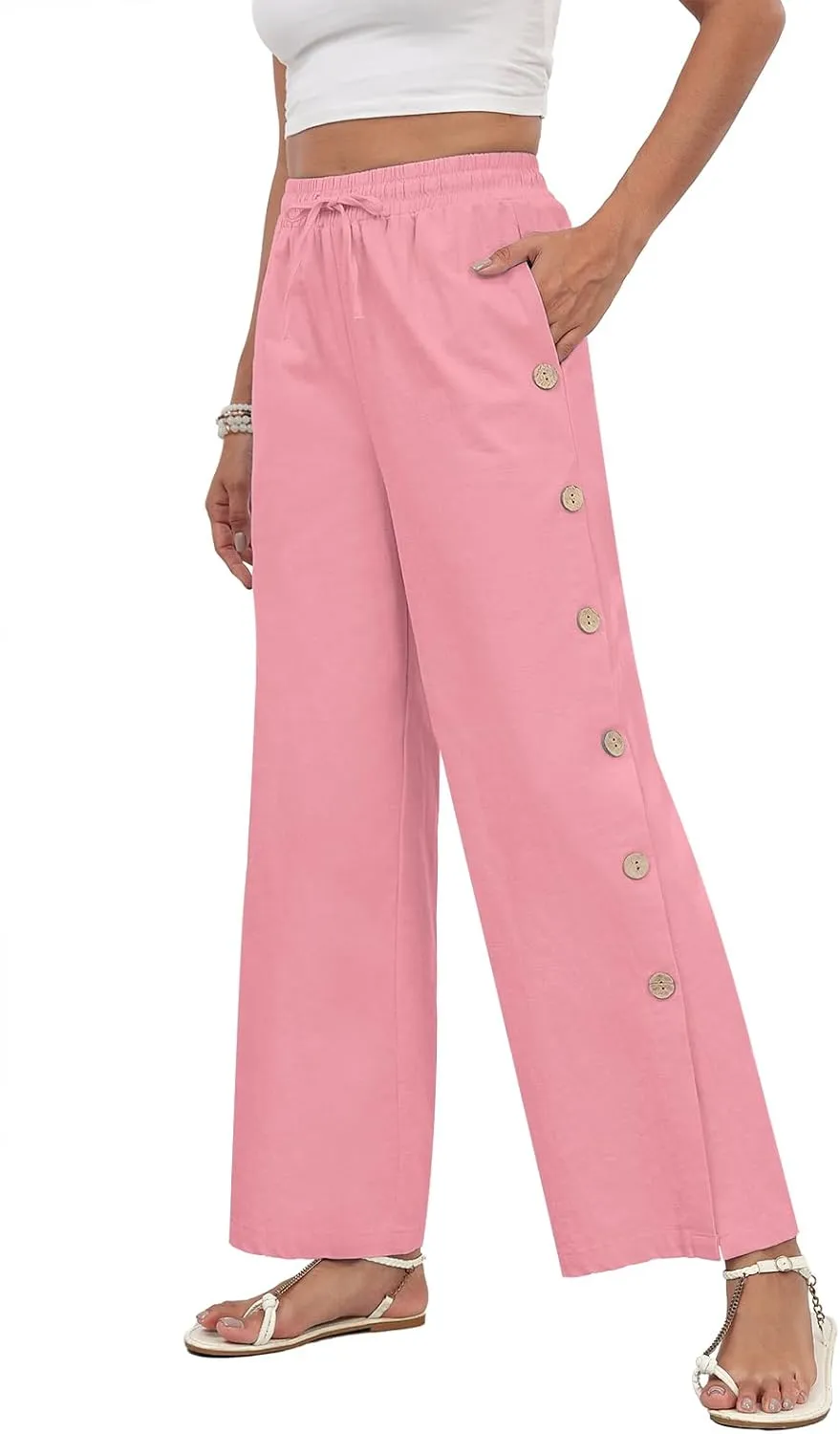 Askyes Womens Linen Pants Wide Leg Pants Drawstring High Waist Cotton Palazzo Pants Summer Beach Loose Trousers with Pockets