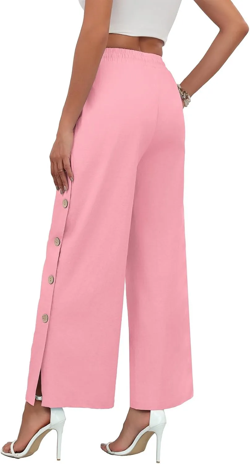 Askyes Womens Linen Pants Wide Leg Pants Drawstring High Waist Cotton Palazzo Pants Summer Beach Loose Trousers with Pockets