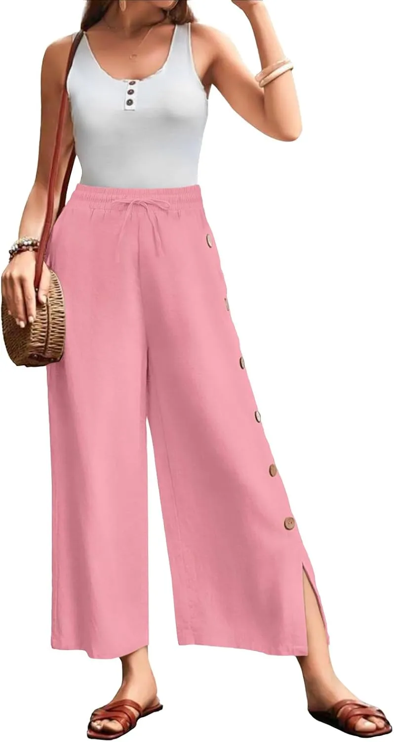 Askyes Womens Linen Pants Wide Leg Pants Drawstring High Waist Cotton Palazzo Pants Summer Beach Loose Trousers with Pockets