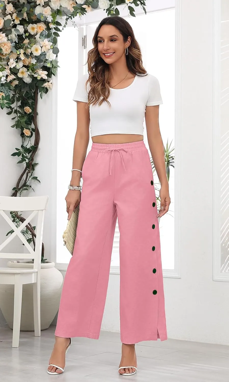 Askyes Womens Linen Pants Wide Leg Pants Drawstring High Waist Cotton Palazzo Pants Summer Beach Loose Trousers with Pockets