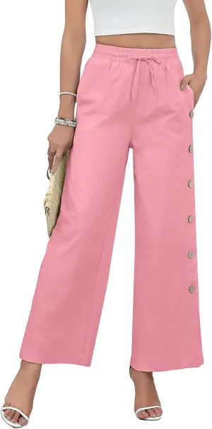 Askyes Womens Linen Pants Wide Leg Pants Drawstring High Waist Cotton Palazzo Pants Summer Beach Loose Trousers with Pockets