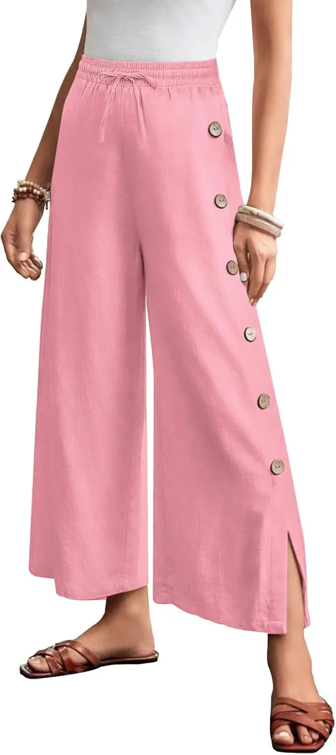 Askyes Womens Linen Pants Wide Leg Pants Drawstring High Waist Cotton Palazzo Pants Summer Beach Loose Trousers with Pockets