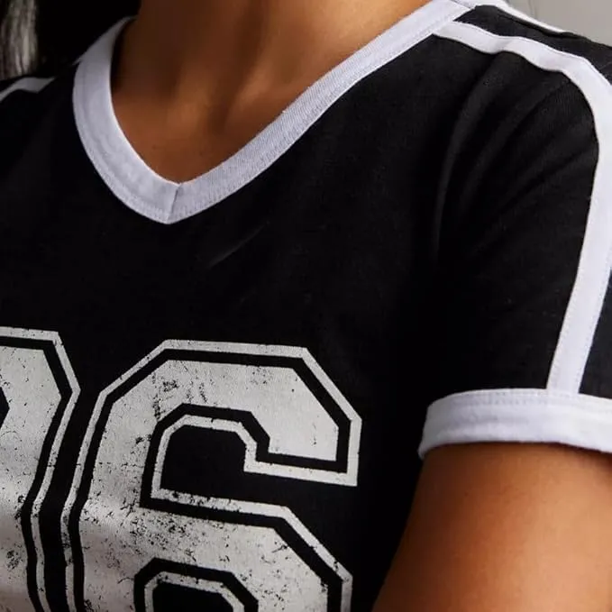 Baby Tee Women Y2k Short Sleeve Jersey Number Graphic Crop Top Slim Fit Crewneck Teen Girl Vintage Going Out Shirt