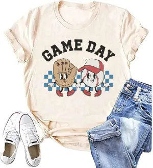 Baseball Game Day Tshirt Women Funny Letter Print Baseball Mom Shirt Vintage Graphic Tee Casual Short Sleeve Tops
