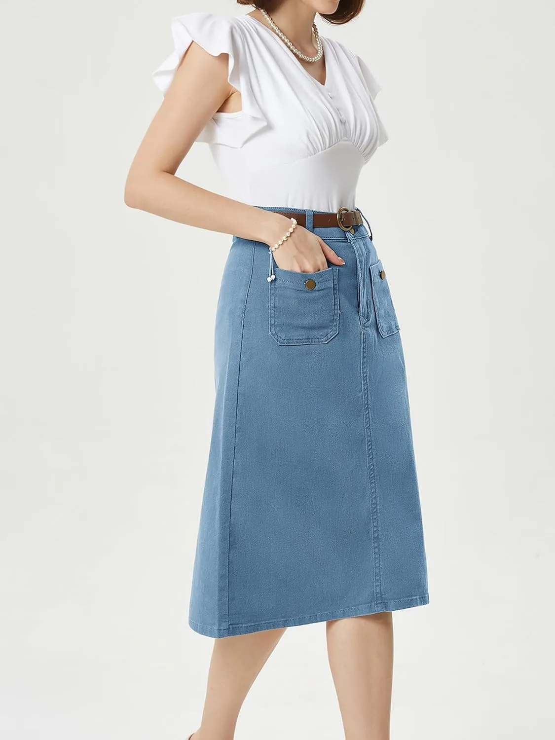 Belle Poque Denim Skirt with Belt Below Knee Length High Waisted Jean Skirts for Women