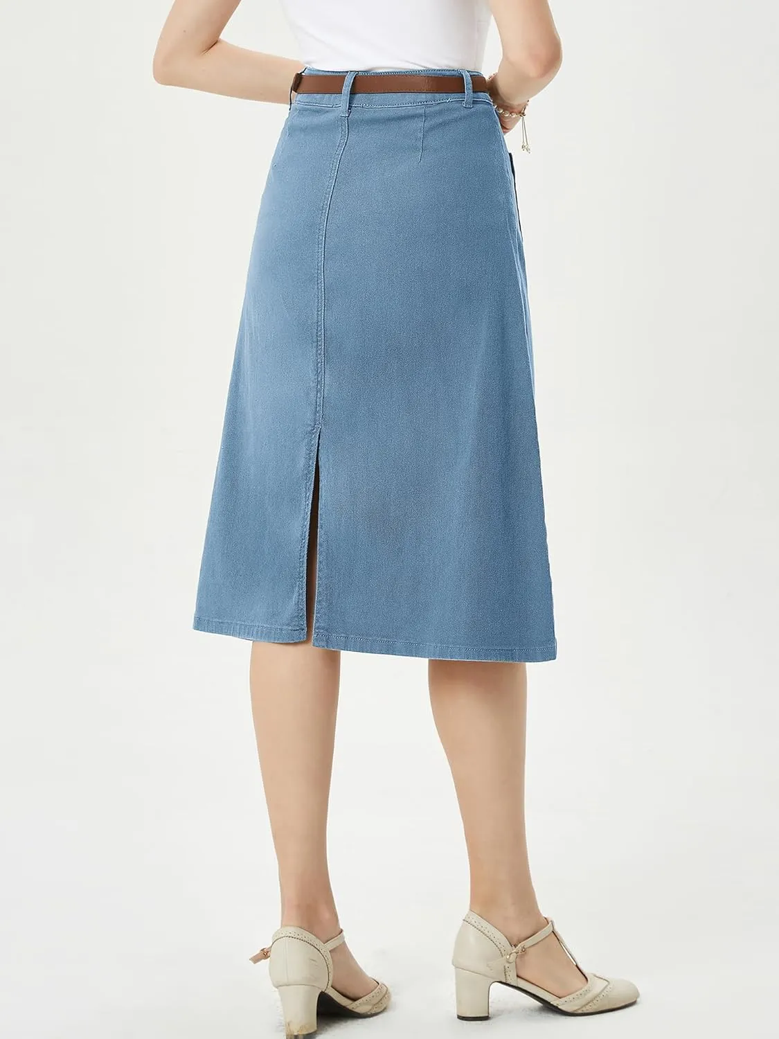 Belle Poque Denim Skirt with Belt Below Knee Length High Waisted Jean Skirts for Women