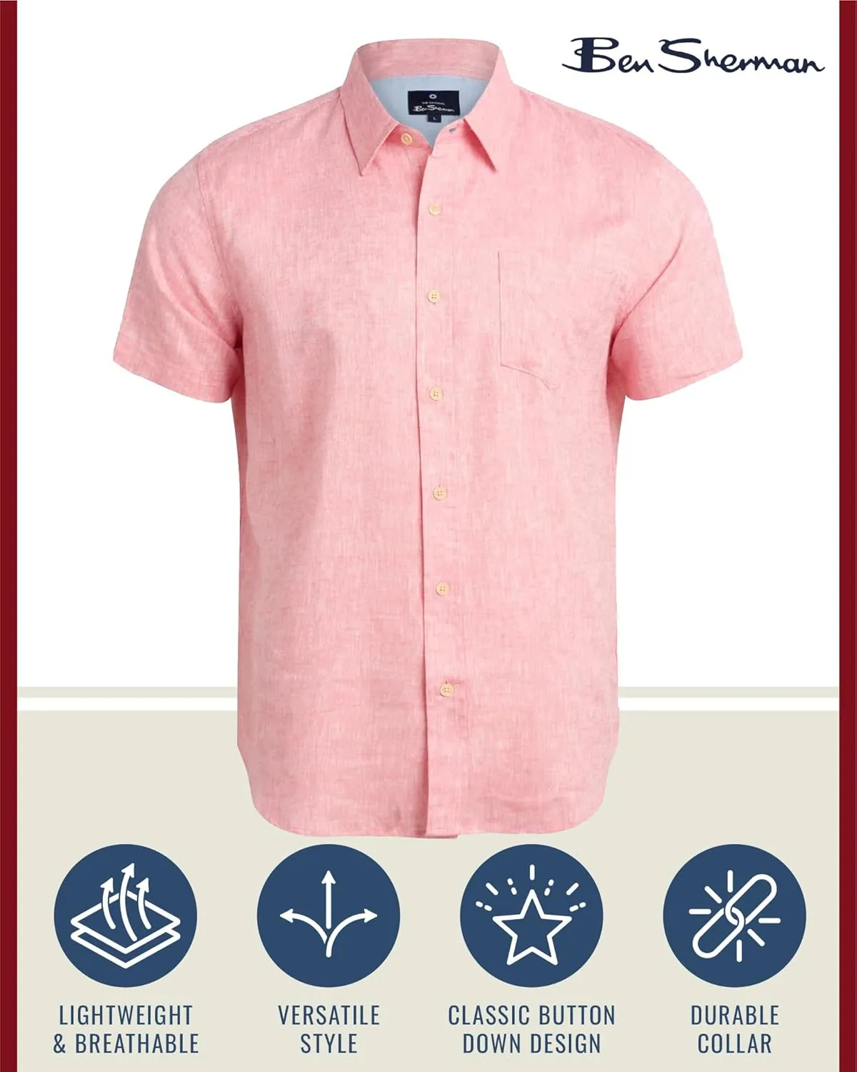 Ben Sherman Men's Linen Shirt - Regular Fit Short Sleeve Button Down Woven Linen Shirt (S-XL)