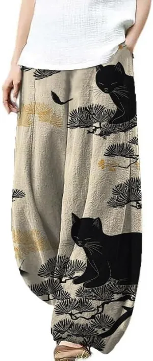 Bengbobar Boho Pants for Women Summer Plus Size Pants Japanese Art Print Casual Pants Elastic Waist Lantern Trouser