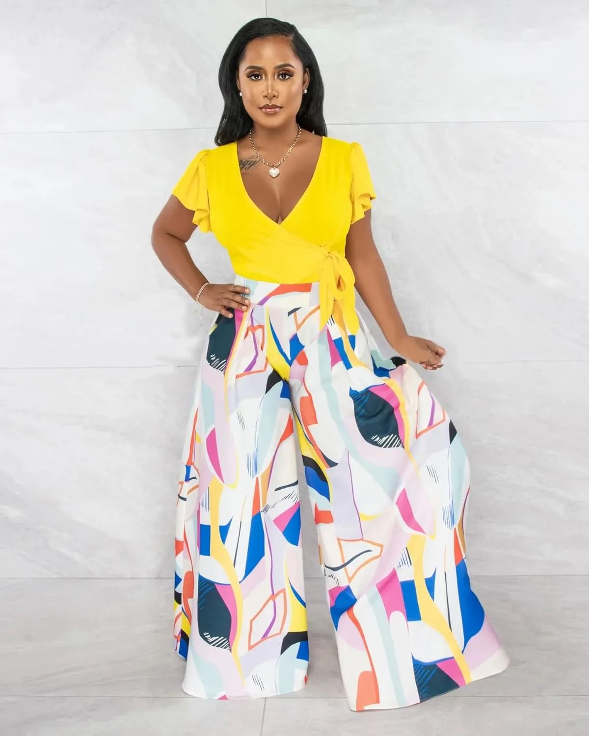 BFFBABY Womens Casual Palazzo Pants High Waist Printed Ruched Loose Flowy Lounge Wide Leg Pants (M-3XL)