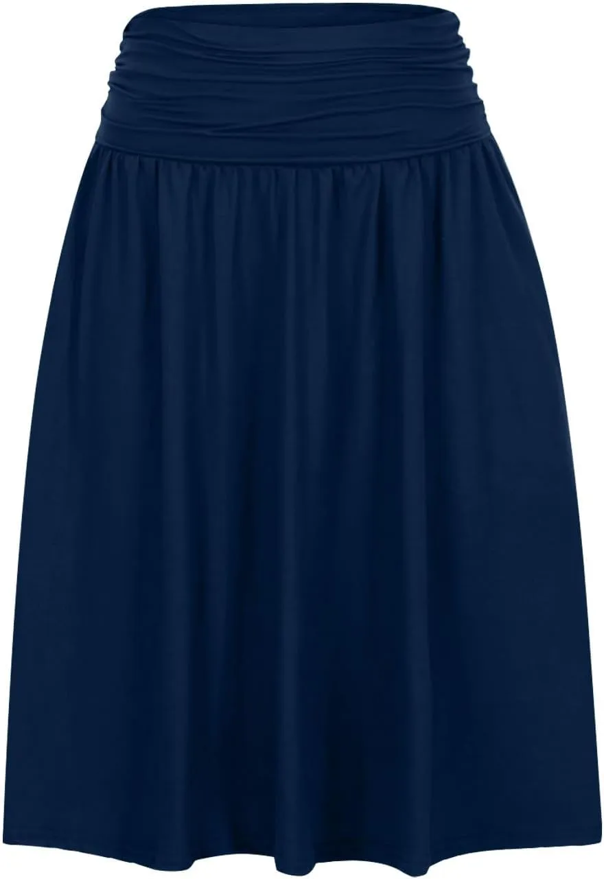 Binmer Women's High Waist Midi Skirt Vintage Elastic A-Line Pleated Below The Knee Length Ruched Flowy Skirts with Pockets