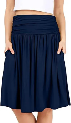Binmer Women's High Waist Midi Skirt Vintage Elastic A-Line Pleated Below The Knee Length Ruched Flowy Skirts with Pockets