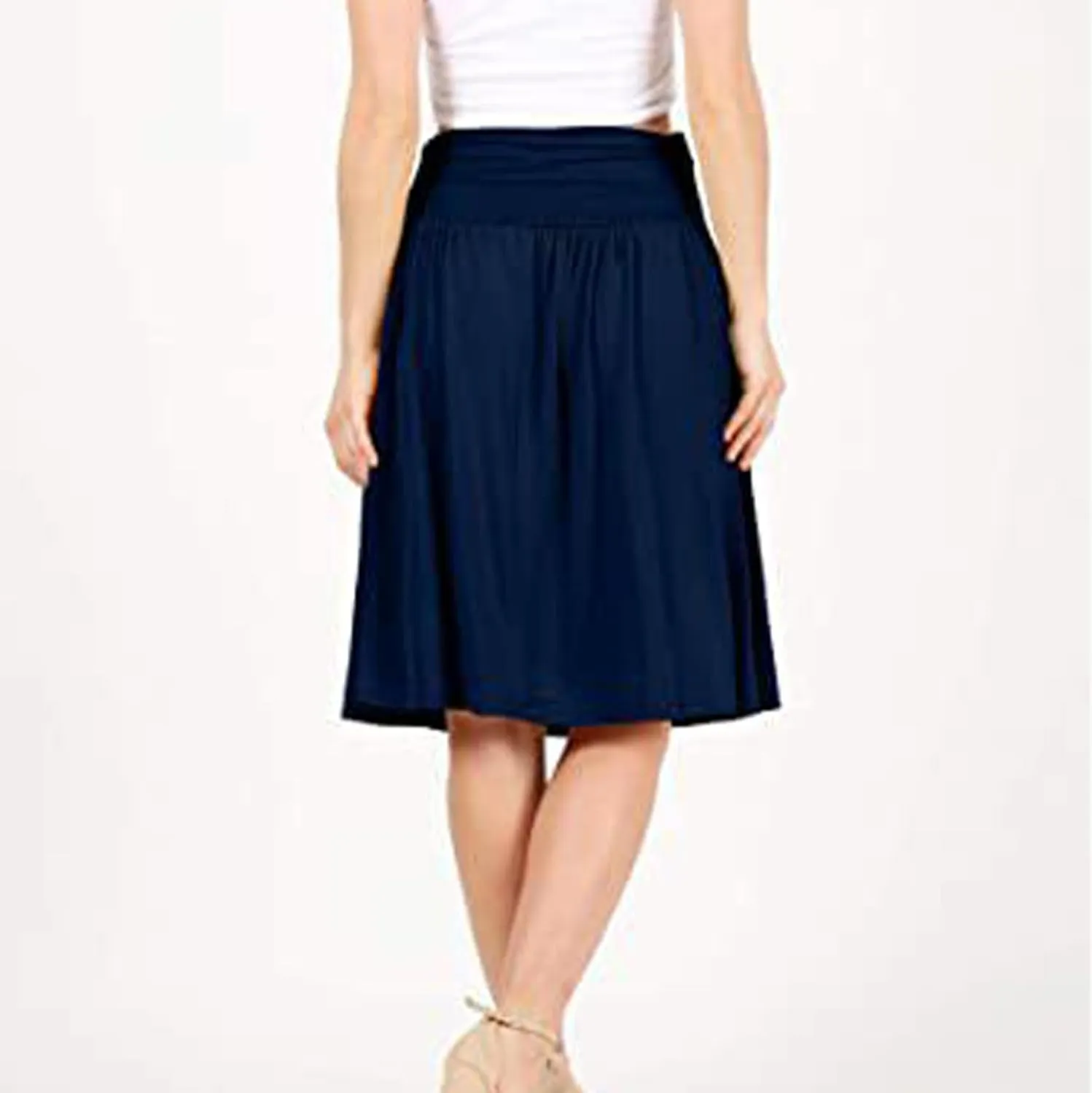 Binmer Women's High Waist Midi Skirt Vintage Elastic A-Line Pleated Below The Knee Length Ruched Flowy Skirts with Pockets