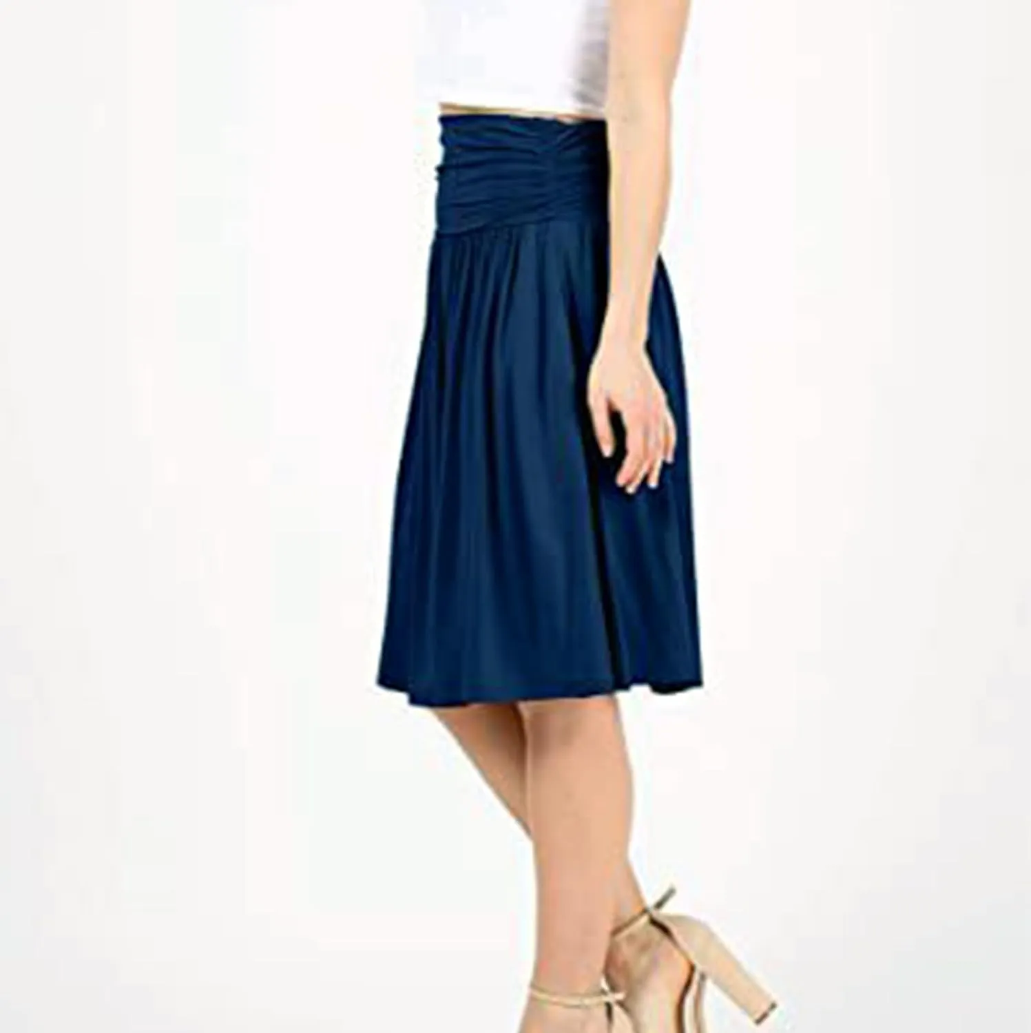 Binmer Women's High Waist Midi Skirt Vintage Elastic A-Line Pleated Below The Knee Length Ruched Flowy Skirts with Pockets