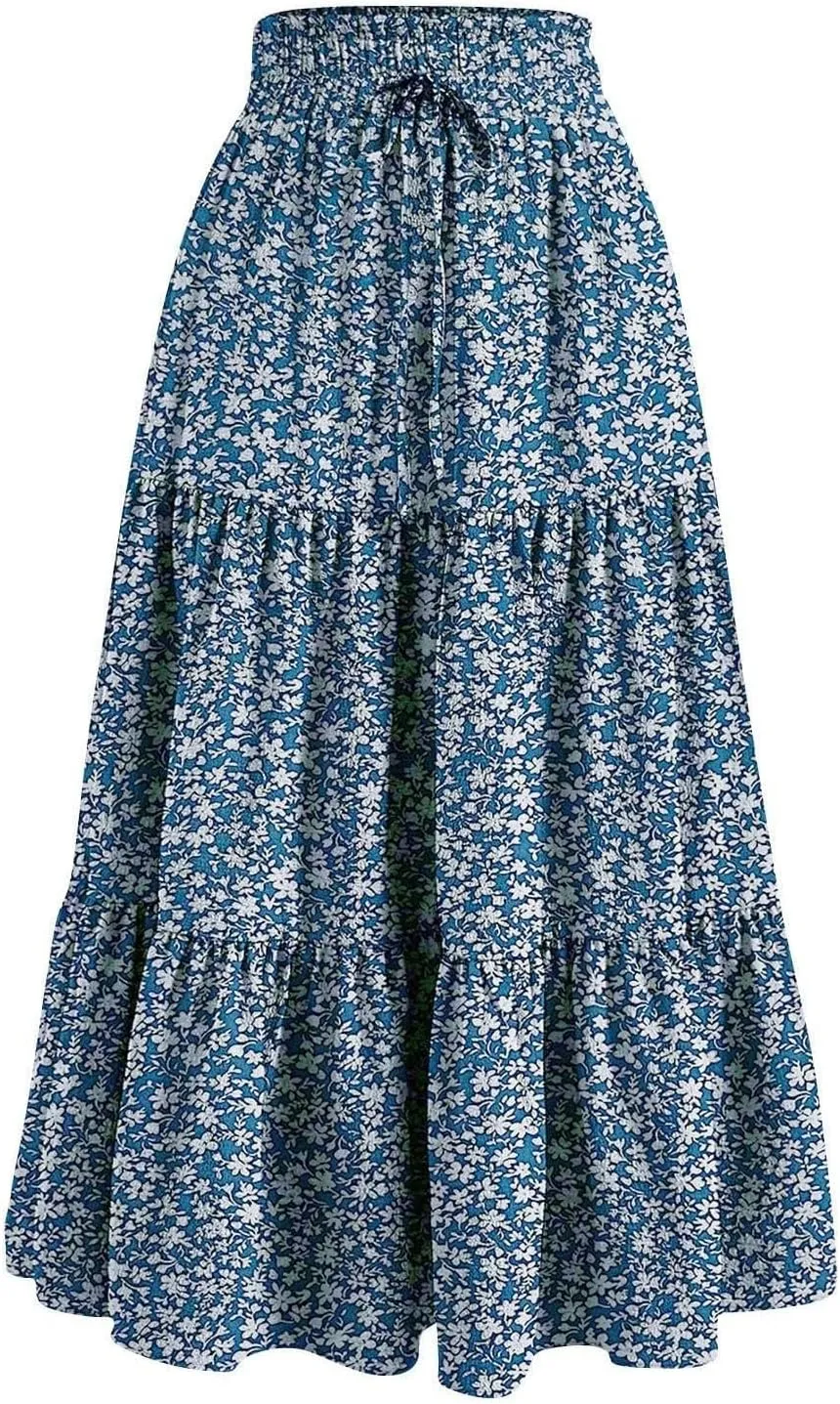 Boho Floral Maxi Skirts for Women Womens A-Line Pleated Long Skirts High Waisted Flowy Summer Dresses