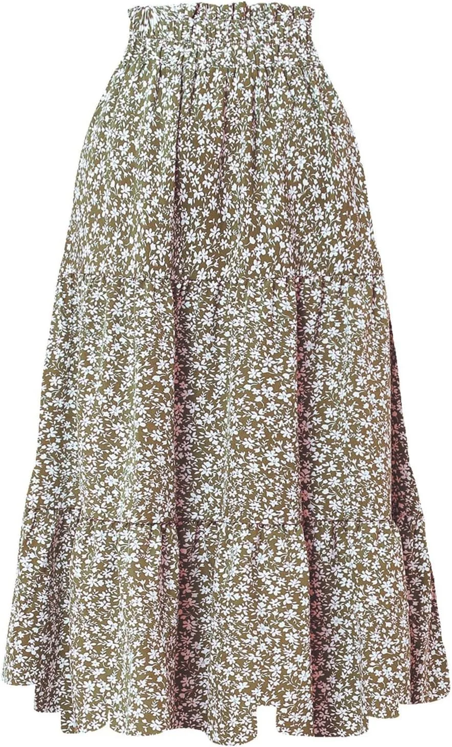 Boho Floral Maxi Skirts for Women Womens A-Line Pleated Long Skirts High Waisted Flowy Summer Dresses