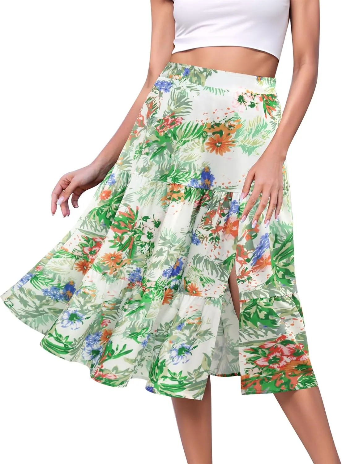 Boho Long Skirts for Women Flowy Summer Elastic Waist Skirt with Slit Midi Length Casual Skirt for Beach