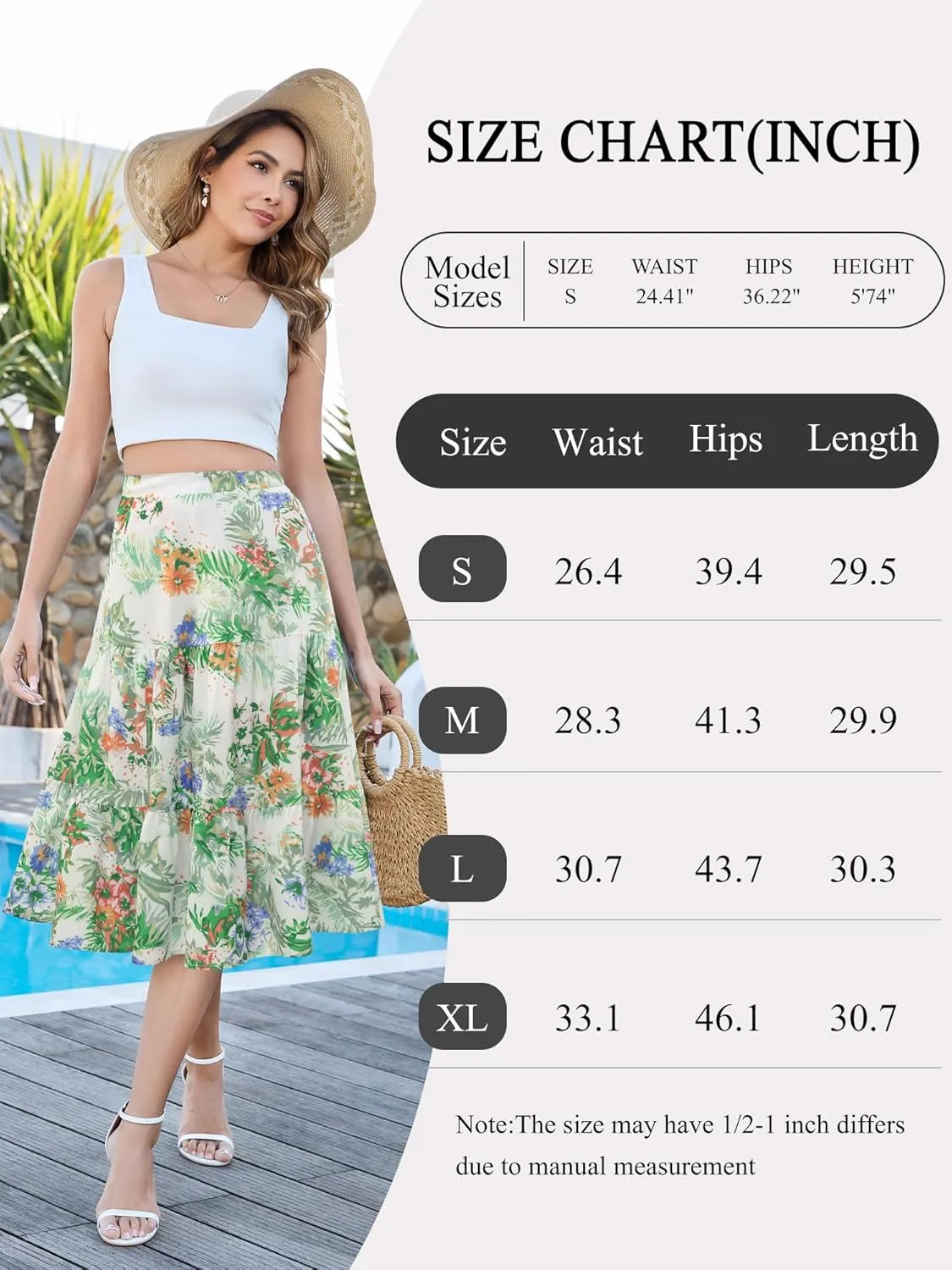 Boho Long Skirts for Women Flowy Summer Elastic Waist Skirt with Slit Midi Length Casual Skirt for Beach