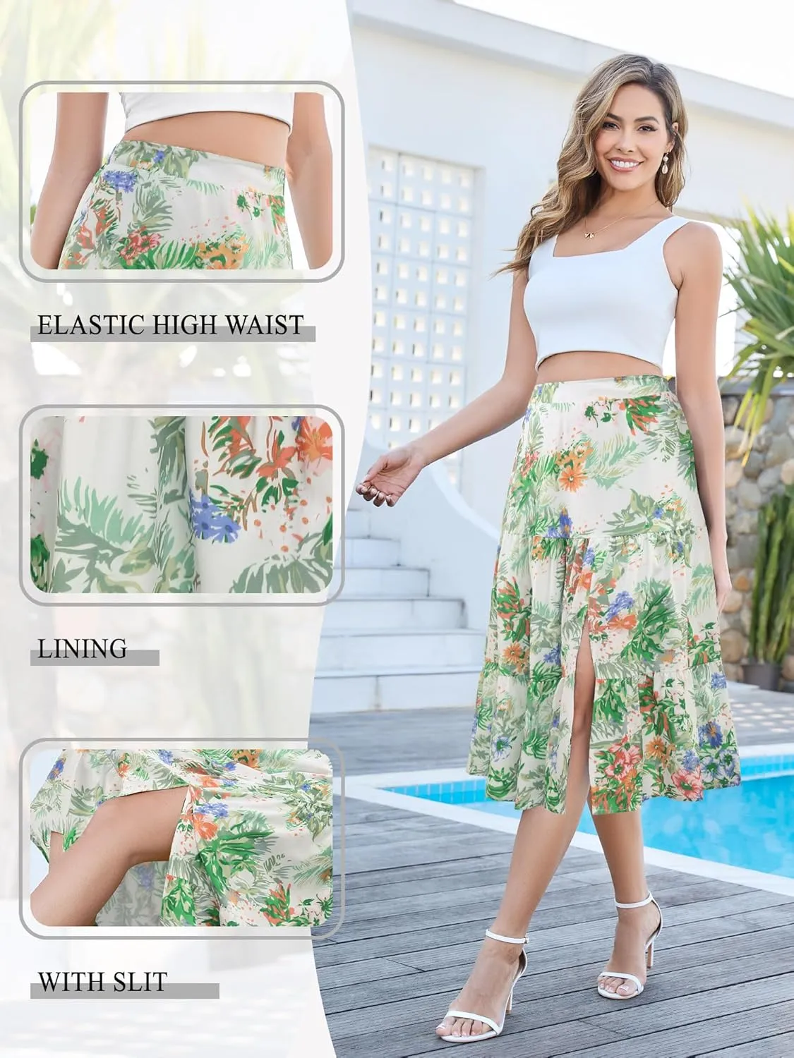 Boho Long Skirts for Women Flowy Summer Elastic Waist Skirt with Slit Midi Length Casual Skirt for Beach