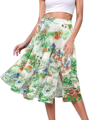 Boho Long Skirts for Women Flowy Summer Elastic Waist Skirt with Slit Midi Length Casual Skirt for Beach