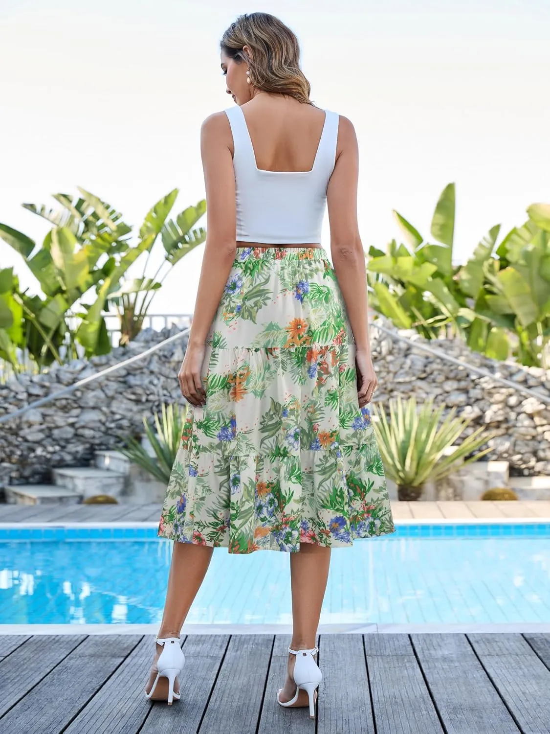 Boho Long Skirts for Women Flowy Summer Elastic Waist Skirt with Slit Midi Length Casual Skirt for Beach