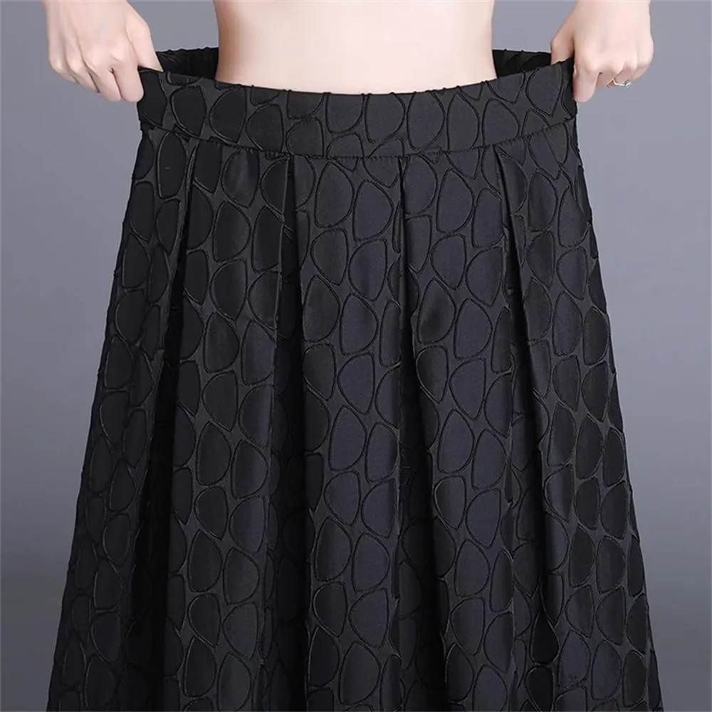 Bollrllr Women's Retro Pleated High Waist A-Line Skirt Spring Office Midi-Length Zipper Black Skirt